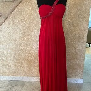Xscape Red One-Shoulder Pleated Prom Gown